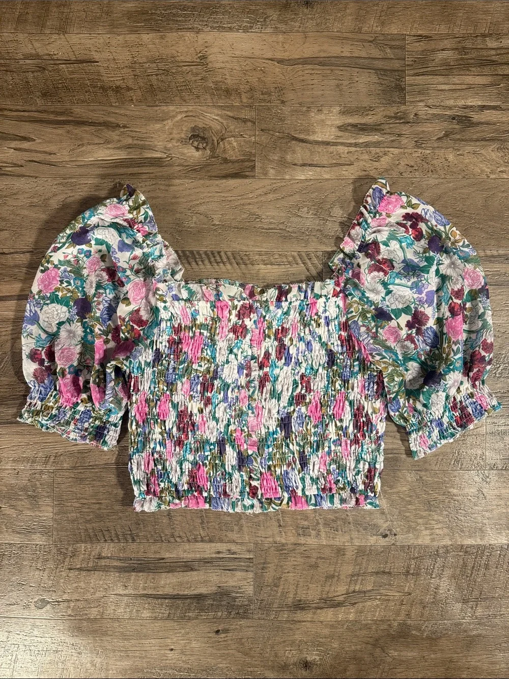 Astr Floral Smocked Puff Sleeve Crop Top in Pink, Green, Purple